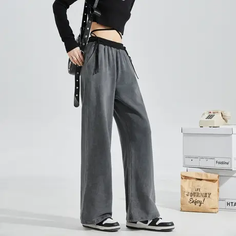 唐狮阔腿运动裤女2024春新款美式复古水洗撞色拼接学院风裤子1.7图片