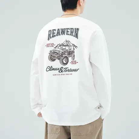 男士美式长袖t恤男打底衫纯棉宽松上衣新款衣服男款白色内搭春季商品大图