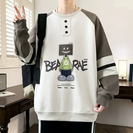 卡通印花卫衣男春秋款撞色插肩袖t恤男潮牌打底衫青少年百搭外套T图片