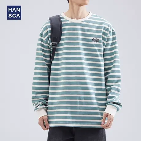 hansca日系条纹长袖卫衣男春秋款潮流百搭宽松圆领纯棉休闲打底衫商品大图