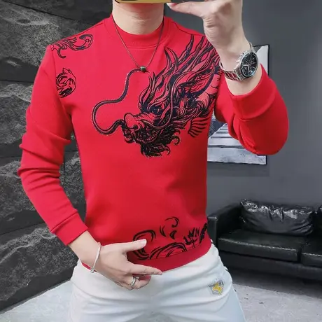 2024龙年男士长袖T恤加绒加厚加肥加大码本命年大红色中国龙卫衣商品大图