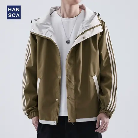 hansca秋季拼色翻领连帽夹克男士休闲外套男春秋款条纹撞色上衣潮商品大图
