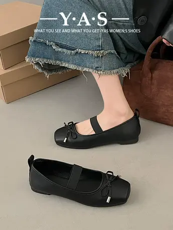 白色小香风方头复古平底单鞋女2024新款春秋软底豆豆鞋法式芭蕾鞋商品大图