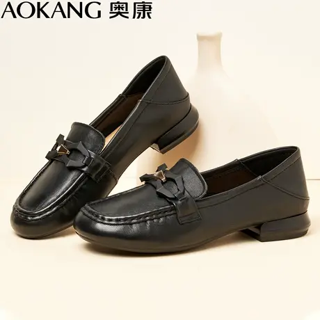 奥康女单鞋秋季新款真皮软底一脚蹬乐福鞋平底休闲女单鞋马衔扣商品大图