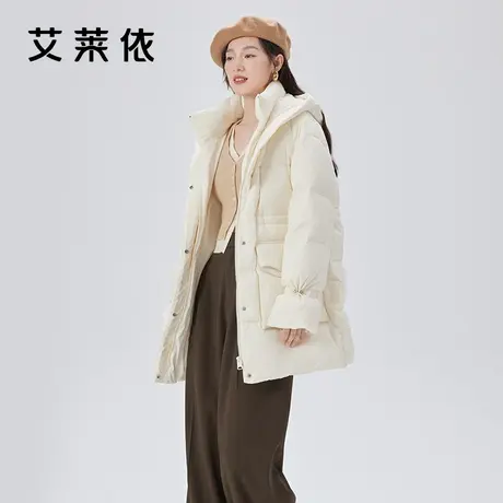 艾莱依立领连帽羽绒服女2023新款中长款可拆卸珍珠袖口甜美外套冬商品大图