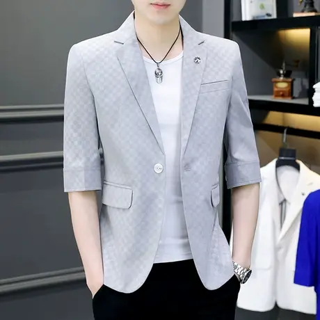 男士七分袖西服春夏季潮流高级感外套休闲男装痞帅中袖格子小西装商品大图