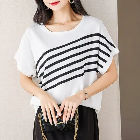 伊自尚2023年新款女装大码夏季胖mm时尚宽松百搭显瘦条纹针织衫女图片