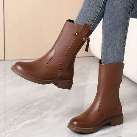 2023早秋新款靴子真皮平底中筒靴胖mm粗腿大码41-43加绒软皮女靴商品大图