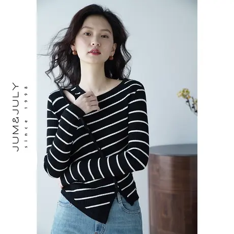 嘉茱莉2023早秋新款镂空斜条纹针织衫设计感小众长袖外搭针织上衣商品大图