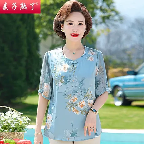 妈妈夏装短袖T恤高贵洋气新款阔太太仿真丝上衣雪纺衫中老年女装商品大图