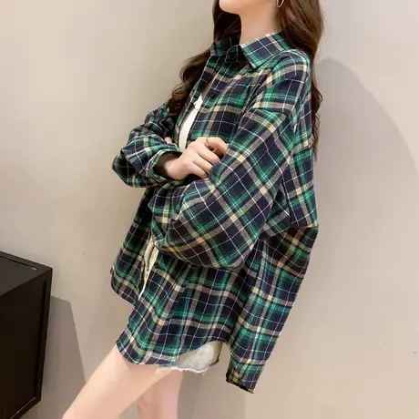 春秋2023新款ins港风格子衬衫女韩版宽松中长款衬衣长袖防晒外套图片