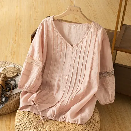 享永子七分袖苎麻上衣女设计感小众文艺复古棉麻T恤小衫2023新款图片