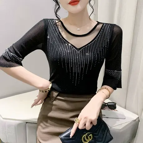 性感网纱上衣女2023夏季新款时尚镂空七分袖T恤洋气重工烫钻小衫商品大图