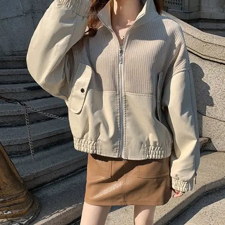 米白色立领拼色pu皮衣外套女小个子2022年春秋冬季新款港风爆款酷图片