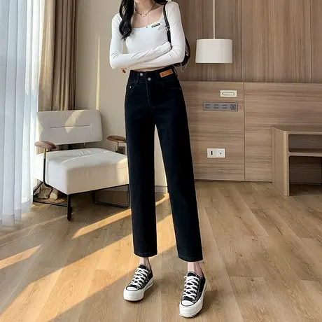 黑色牛仔裤女直筒宽松2023年春秋季新款小个子九分高腰显瘦烟管裤商品大图