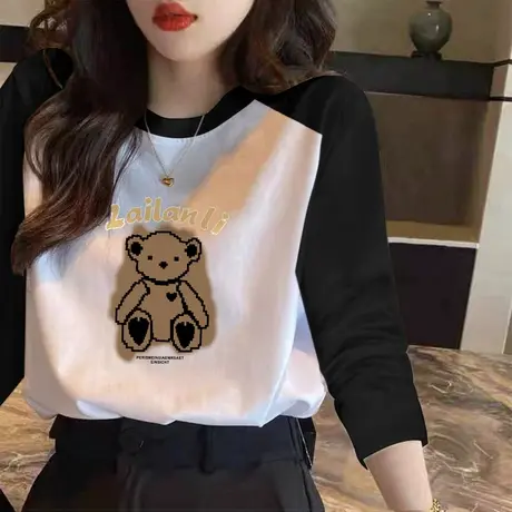 设计感时尚打底衫2023早春新款插肩袖撞色小众内搭长袖T恤女上衣图片