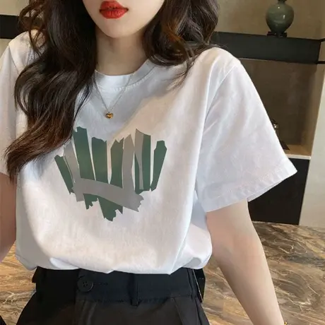 白色正肩圆领短袖t恤女2023新款韩版宽松显瘦设计感上衣纯棉半袖商品大图