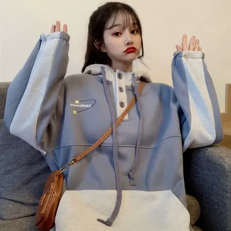 ins超火卫衣女秋冬设计感小众宽松韩版bf慵懒风加绒加厚连帽外套商品大图