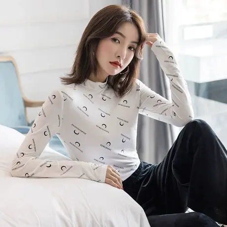 莫代尔半高领月亮打底衫女2023春秋新款内搭长袖洋气T恤黑色上衣商品大图