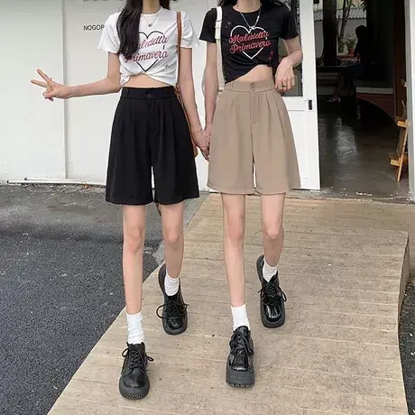 黑色西装短裤大码女胖mm高腰小个子四分裤休闲宽松外穿五分阔腿裤图片