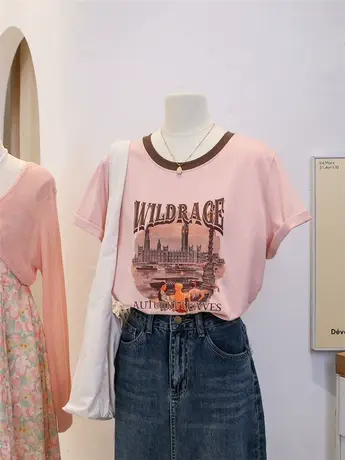 2023年春夏新款撞色印花短袖t恤女宽松百搭减龄圆领别致内搭上衣图片