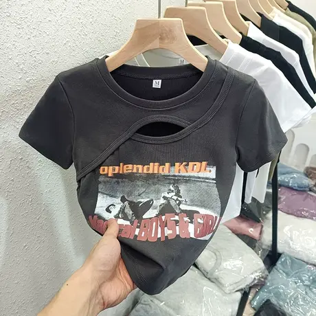 ins超火美式复古短袖T恤女夏百搭韩版镂空设计感小众别致短款上衣商品大图