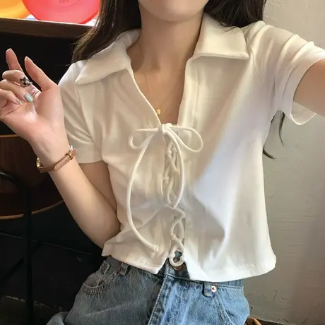 polo领设计感系带短袖t恤女2023新款夏季薄款针织衫短款上衣体恤图片