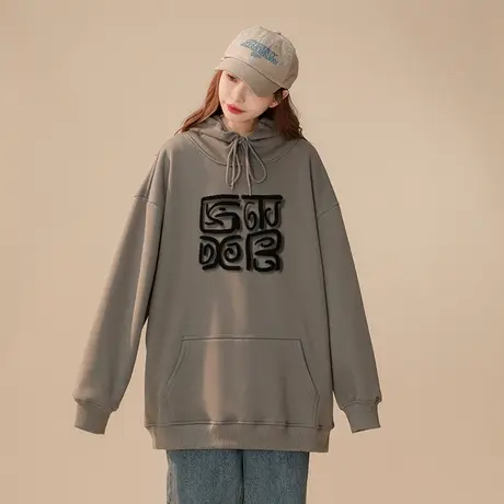 oversize美式复古设计感卫衣女秋冬加绒加厚ins潮牌国潮宽松外套图片