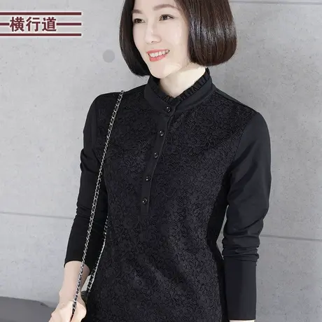 立领花边长袖T恤女装纽扣纯色打底衫2023新款冬休闲中年妈妈上衣图片