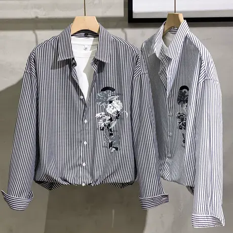 高级感长袖衬衫男秋季薄款潮港风休闲寸衫外套男装上衣服印花衬衣商品大图