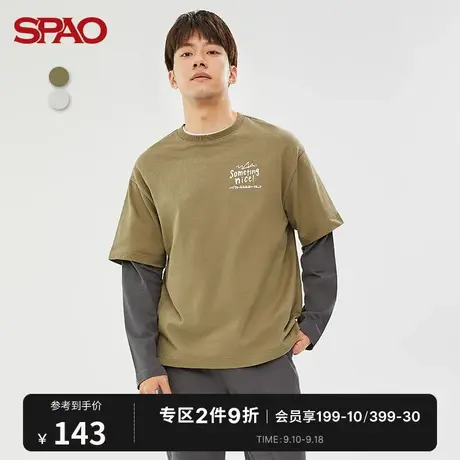 SPAO男士T恤秋季新款假两件长袖套头休闲T恤SPLWC23H11商品大图