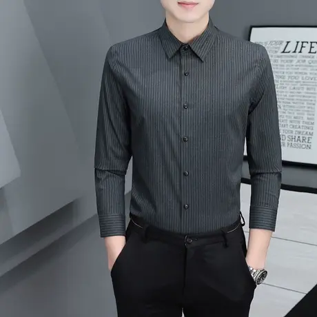 灰色条纹休闲衬衫男士2023春秋季百搭帅气韩版免烫修身长袖衬衣男商品大图