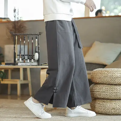 中国风阔腿裤男装宽松盘扣唐装长裤宽松直筒裤休闲裤民族风棉粗布商品大图