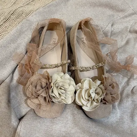 禅意侘寂风方头玛丽珍鞋女绒面软平底一脚蹬法式晚风单鞋枯叶蝶商品大图