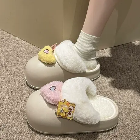 女士棉拖鞋厚底加绒外穿2023秋冬新款防滑保暖一脚蹬包头毛毛拖鞋商品大图