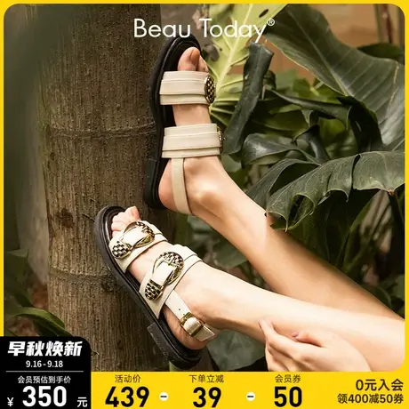 BeauToday夏季罗马凉鞋女鞋平底真皮一字扣凉鞋小众设计外穿凉拖商品大图