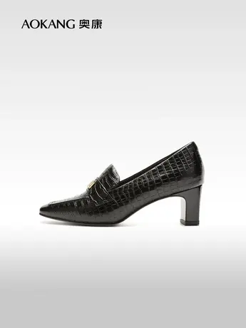 【门店发货】奥康女鞋 2023秋季新款真皮方头中口单鞋粗跟英伦潮商品大图