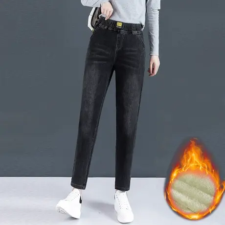 加绒牛仔裤女冬季高腰宽松小脚老爹裤大码加厚保暖显瘦哈伦裤黑灰图片