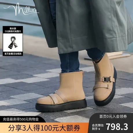 millie's妙丽冬季新款时尚酷飒厚底皮带扣毛绒里女雪地靴22887DD2图片