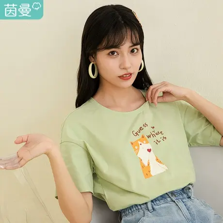茵曼2023夏装新款元气活力猫咪印花落肩宽松短袖T恤女年轻快时尚商品大图