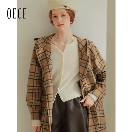 Oece复古格纹呢大衣女2023秋冬季新款女装气质双面呢子中长款外套商品大图