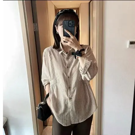 2023秋季经典条纹POLO领衬衫上衣女时尚通勤宽松显瘦百搭衬衣小衫商品大图