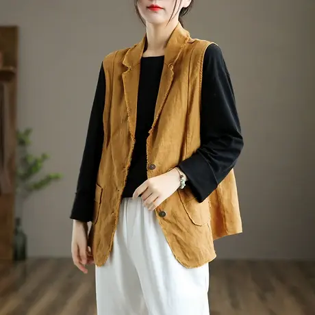 dza 文艺复古棉麻上衣女士马甲背心宽松显瘦新款秋季短款外套马夹图片