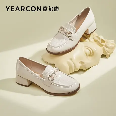 意尔康女鞋2023春季新款乐福鞋女粗跟中跟亮面单鞋方头小皮鞋复古商品大图
