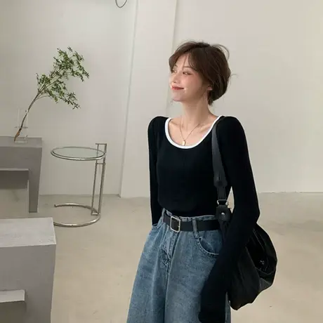 2023早秋季新款高级感内搭短款正肩t恤女长袖上衣设计感打底衫ins商品大图