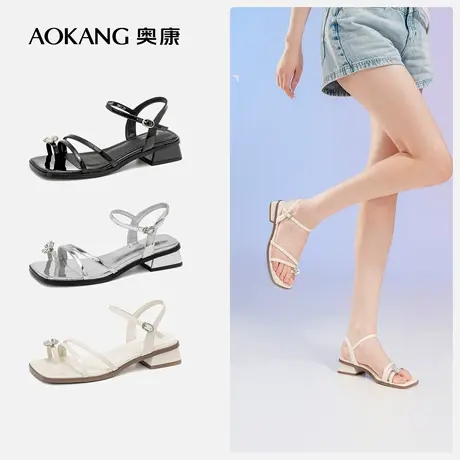 奥康女鞋 新款度假风夹趾细绑带时装凉鞋一字带休闲通勤图片