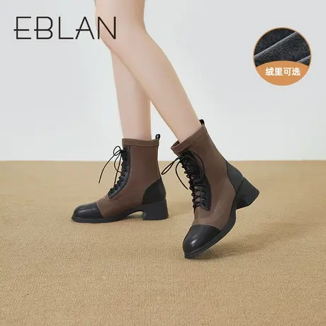 伊伴秋冬女鞋2022加绒保暖拼接马丁靴女靴烟筒靴复古牛仔靴皮靴女商品大图