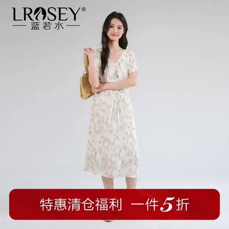 【法式郁金香印花连衣裙】蓝若水大码2025夏装高腰抽绳V领中长裙图片