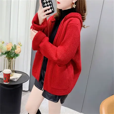 连帽毛衣开衫女2023新款早春洋气网红百搭短款小个子加厚针织外套商品大图