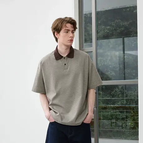 Lilbetter经典千鸟格撞色短袖polo衫复古格纹宽松翻领半袖T恤男商品大图